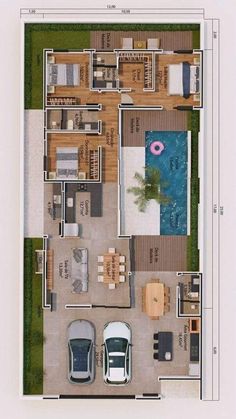 an overhead view of a house with two cars parked in the driveway and a swimming pool