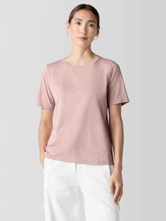 Organic Pima Cotton Jersey Round Neck Tee | EILEEN FISHER Summer Relaxed Fit T-shirt, Essential Summer Crew Neck Top, Essential Relaxed Fit Summer Tops, Essential Short Sleeve Summer Tops, Essential Cotton Tops For Spring, Essential Cotton Spring Tops, Regenerative Farming, Round Neck Tees, Pima Cotton