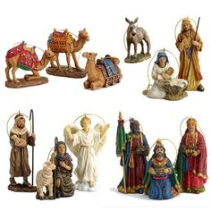 the nativity figurines are all different styles and sizes