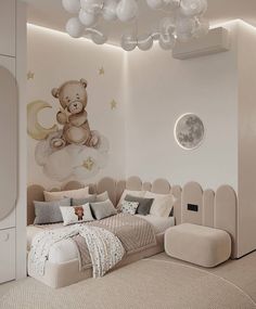 a child's bedroom with a teddy bear mural on the wall and moon decorations