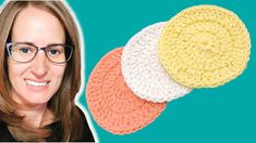 a woman with glasses is smiling next to three crocheted coasters on a blue background