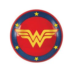 a red and blue wonder logo with stars around it on a white background for use as a sticker or decal