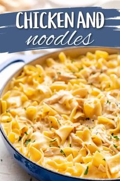 chicken noodle casserole in a blue dish with text overlay that reads chicken and noodles