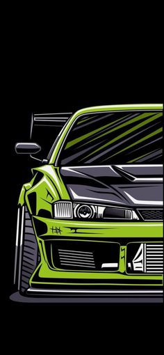 the front end of a green sports car on a black background with an abstract design