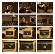 multiple images of an animated character in front of a brick wall, with the caption's description below