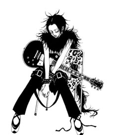 a black and white drawing of a woman with a guitar