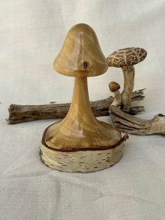 a wooden mushroom sitting on top of a piece of wood