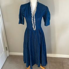 Gunne Sax Size 5 Denim Maxi Dress With White Trim And Buttons. Vintage In Excellent Condition. Puffed Sleeve. Denim Maxi Dress, Denim Maxi, Gunne Sax, White Trim, Blue White, Color Blue, Size 4, Blue And White, Maxi Dress