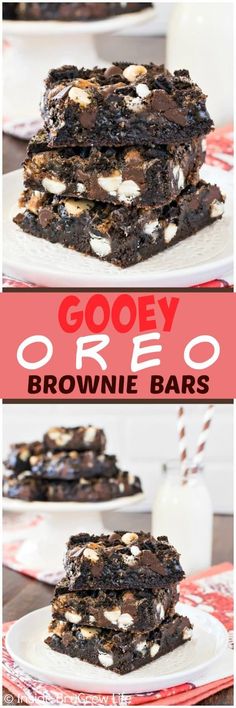 gooey oreo brownie bars are stacked on top of each other