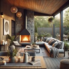 a living room filled with furniture and a fire place in the middle of a patio