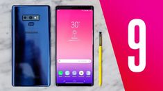 the samsung note 9 is on display next to a yellow pen and a blue phone