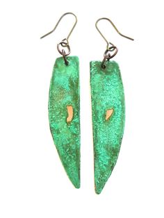 Patina on brass earrings. The patina creates a beautiful textural turquoise green on the surface and is sealed with lacquer for wear. Copper nickel free ear wire is used and the earrings measure 2 and 1/2 inches long.  Please note, the exact color and placement of the patina may differ slightly due to the handmade nature. The design and color will be similar. All jewelry arrives packaged in a muslin bag for safe keeping and ships in 2-5 days with delivry confirmation. Any questions? Email me a c Half Moon Necklace, Patina Earrings, Muslin Bags, Turquoise Green, Royal Oak, Gorgeous Gift, Brass Earrings, Earrings Photo, Unique Necklaces