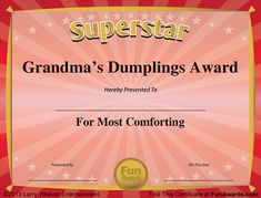 a certificate for grandma's dumplings award is shown in red and gold with stars