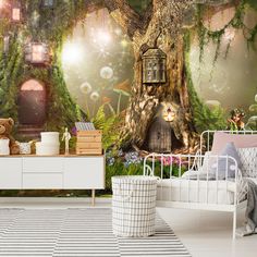 a bedroom scene with a tree house in the middle and fairy lights on the ceiling