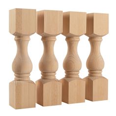 four wooden posts are lined up in the same row on a white background, with one standing out from the rest of the group