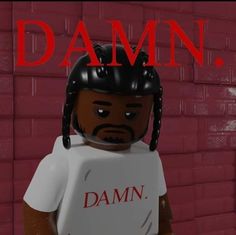 a lego man wearing a white shirt and black helmet with the words damn on it