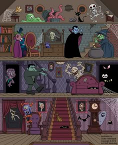 the inside of a house decorated for halloween with cartoon characters and decorations on the walls