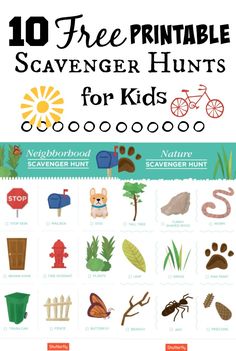 the 10 free printable scavenger hunt for kids with pictures and words on it