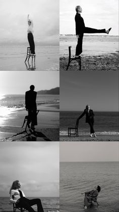 black and white photographs of people sitting in chairs on the beach