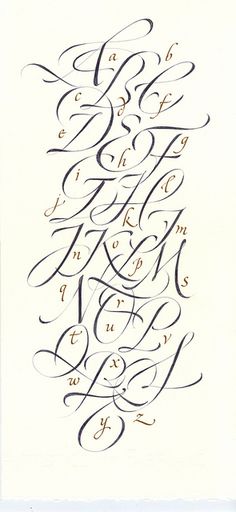 an old fashioned calligraphy type is shown in black and gold ink on white paper