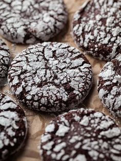 chocolate crinkle cookies on a baking sheet covered in powdered sugar are ready to be eaten