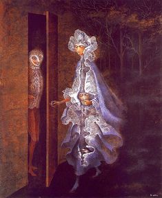 a painting of a woman in a white dress standing at an open door with another person