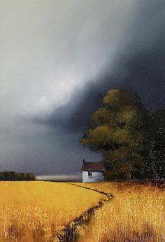 a painting of a house in the middle of a field with storm clouds above it