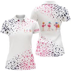 a women's polo shirt with flamingos on the front and pink spots on the back