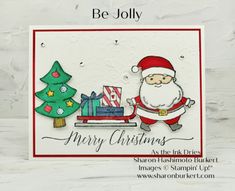 a christmas card with a santa clause holding a gift bag and a tree on it