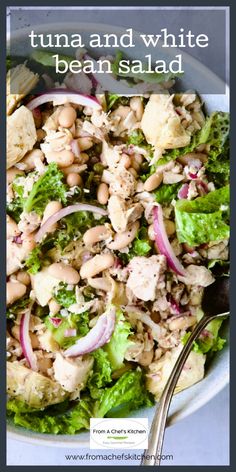 tuna and white bean salad in a bowl with a spoon on the side text reads tuna and white bean salad