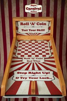 a wooden bed with red and white stripes on the wall next to a sign that says roll'n'coin