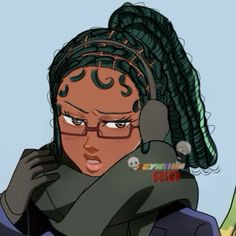 a woman with dreadlocks talking on a cell phone while wearing glasses and a scarf