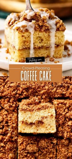 coffee cake with white frosting and cinnamon crumbs on top is cut into squares