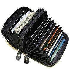 Leatherboss Leather RFID Identity Safe Double Zipper Accordion Wallet. Find it all in a flash. Neat tidy wallet with two zippered sections fans out to display all the organized storage you could ever need. One well planned compartment features a dozen slots and pockets for your credit and ID cards. The other has space for cash, tokens, change and the like. Fastened with two zippers and crafted in leather. Size: 4.5" x 3.2".  Color: Black.  Gender: female.  Age Group: adult. Accordion Wallet, Leather Credit Card Wallet, Leather Money Clips, Credit Card Holder Wallet, Leather Credit Card Holder, Id Wallet, Credit Card Wallet, Wallet Organization, Debit Cards