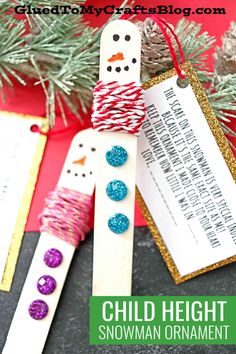 snowman ornament made out of popsicle sticks and twine with text overlay that reads, child height snowman ornament