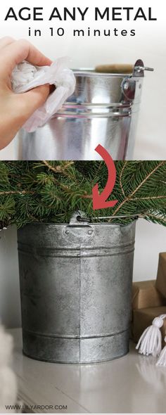 an old metal bucket has been transformed into a christmas tree stand with the words age any metal in 10 minutes