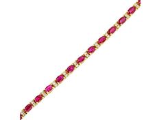 This ruby and diamond bracelet is available in 14K gold.  The oval ruby in this bracelet have a total carat weight of 5.00 carats. The diamonds have a total carat weight of 0.50 carats. Diamond Bracelet, Ruby, Diamonds, Yellow Gold, Bracelet, Yellow, Gold