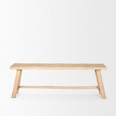 a wooden bench sitting on top of a white wall in front of a gray background