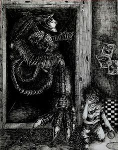 a black and white drawing of a person sitting in front of a door with a snake