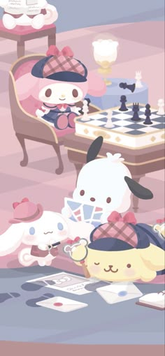 two cartoon animals playing chess in a living room