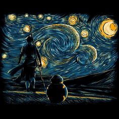 an image of a man standing in front of the starry night sky with a snowman next to him