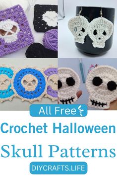 crochet halloween skull patterns with text overlay