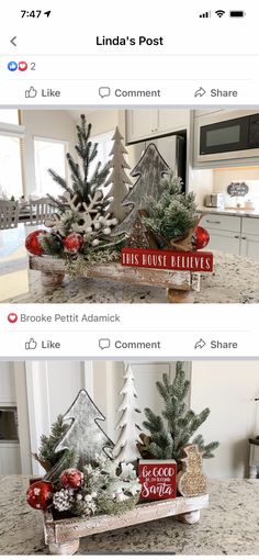 two pictures of christmas decorations in the kitchen