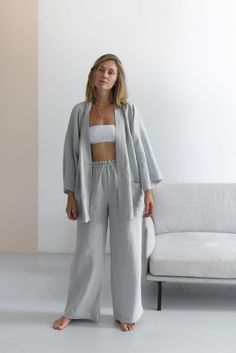 This is the most comfortable for woman and photogenic kimono set. Drowned in comfort and harmony of lines. I really want to blur the line between beautiful outfits for going out and homewear. Live your life without regard to others. Suit kimono + culottes in skyblue color. #slowfashion #nowaste #linendress #summerlinen #womenclothes #naturalclothes #homewear #kimonolinen #dresswomen Women Kimono, Natural Clothing, No Waste, Summer Linen, Womens Pyjama Sets