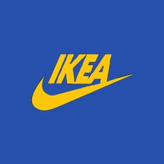 the nike logo on a blue background with yellow and white letters that read ikea