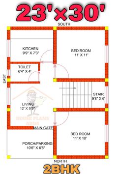 two bedroom house plan with 2 bhk plot in the middle and an attached kitchen area