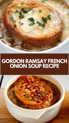 three different types of french onion soup in white bowls