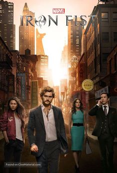 the poster for iron fist is shown in front of a cityscape with skyscrapers