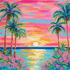 an oil painting of palm trees and flowers at sunset by the ocean with bright colors