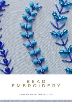 the front cover of fern stitch bead embroidery, featuring blue flowers and green leaves